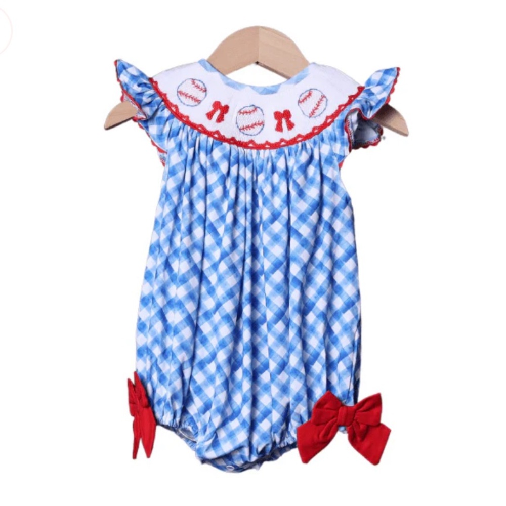 Smocked Baseball Red and Blue Plaid Bubble